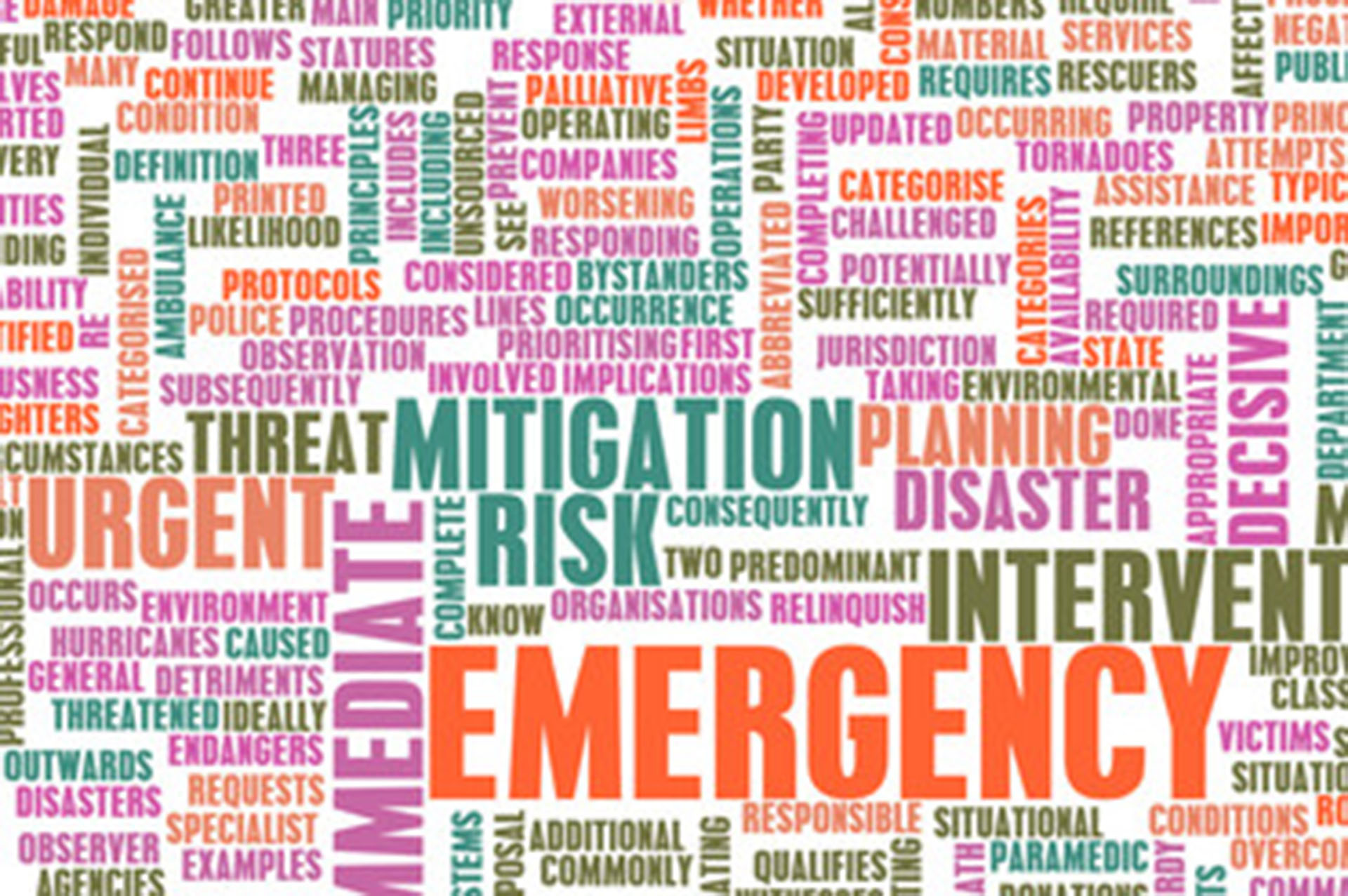 A word cloud of emergency and mitigation words.